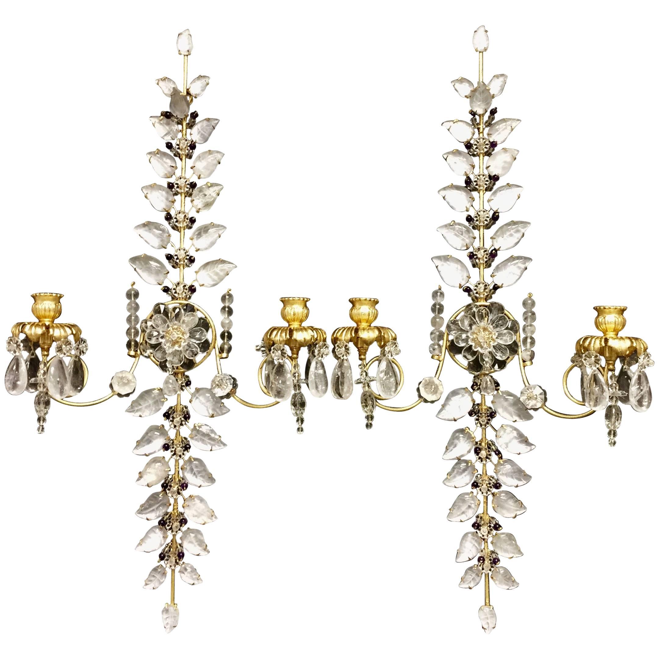Pair of Rock Bagues Crystal Amethyst Beads Two-Arm Transitional Sconces