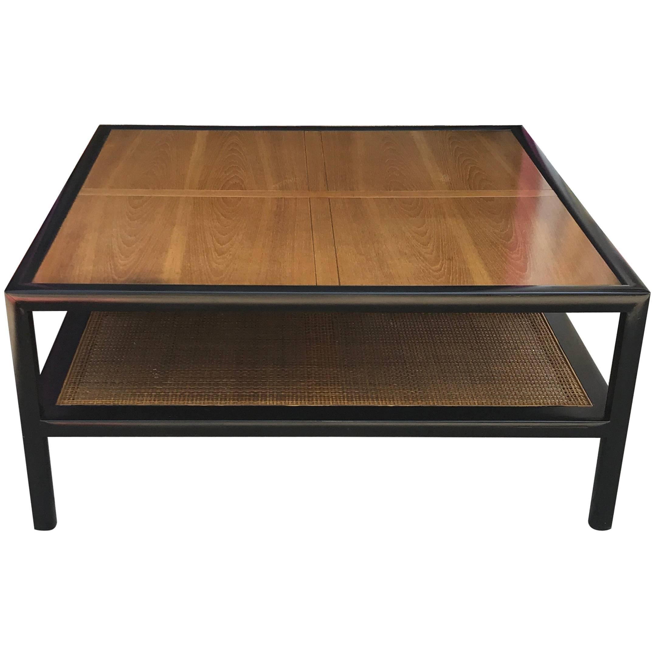 Modern Michael Taylor for Baker Square Walnut and Cane Two-Tone Coffee Table