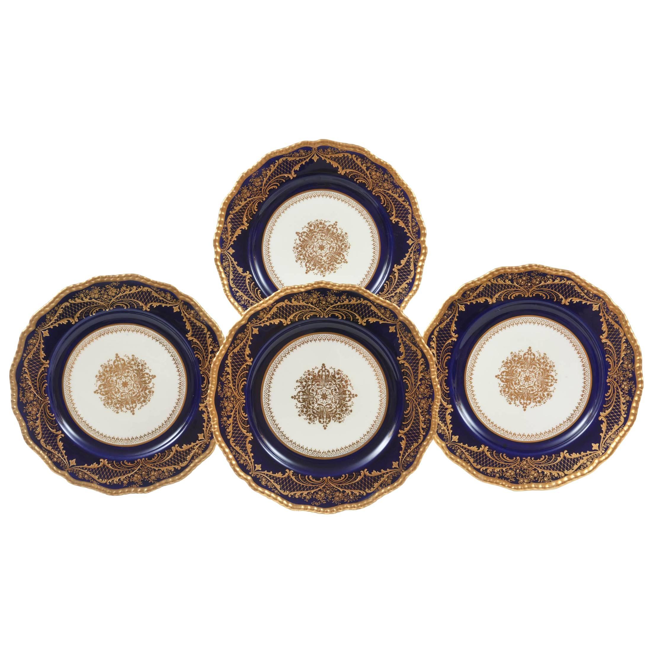 12 Stunning Cobalt Blue Gilt Encrusted Dinner or Presentation Plates, Medallion
