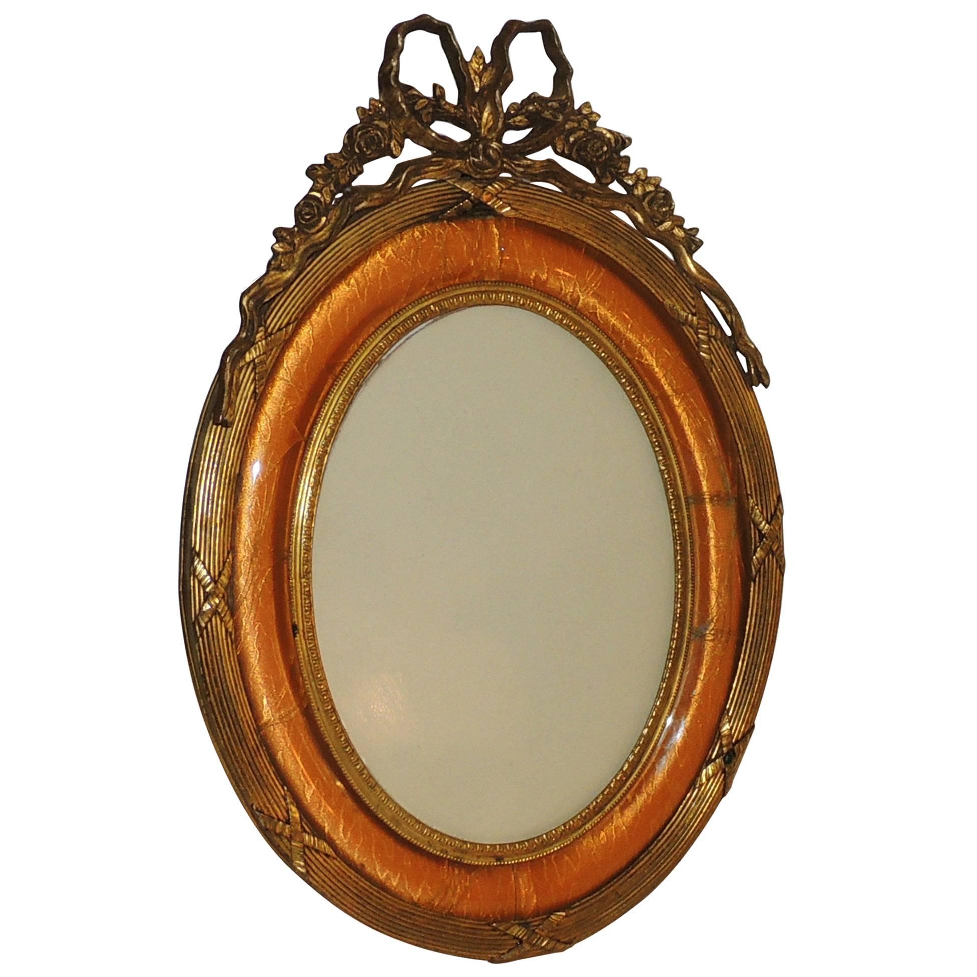 Wonderful Vintage French Bow Top Doré Bronze Oval Peach Enamel Picture Frame For Sale