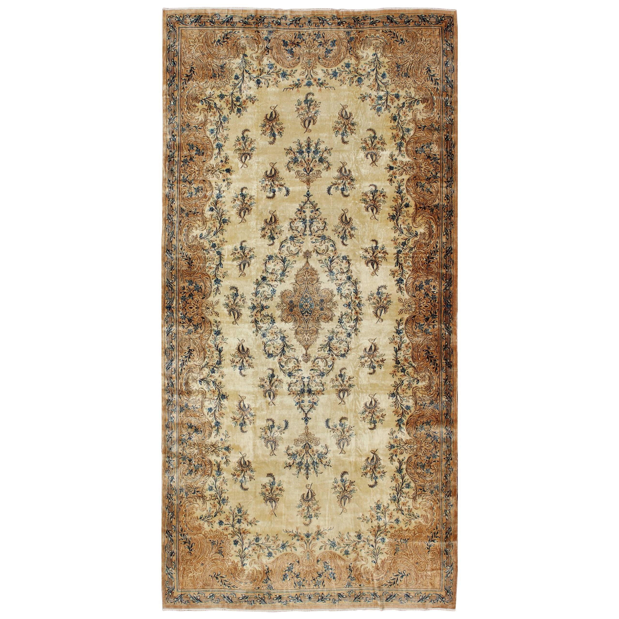 Large Antique Lavar Kerman Rug with Blossoming Floral Motifs in Cream and Blue