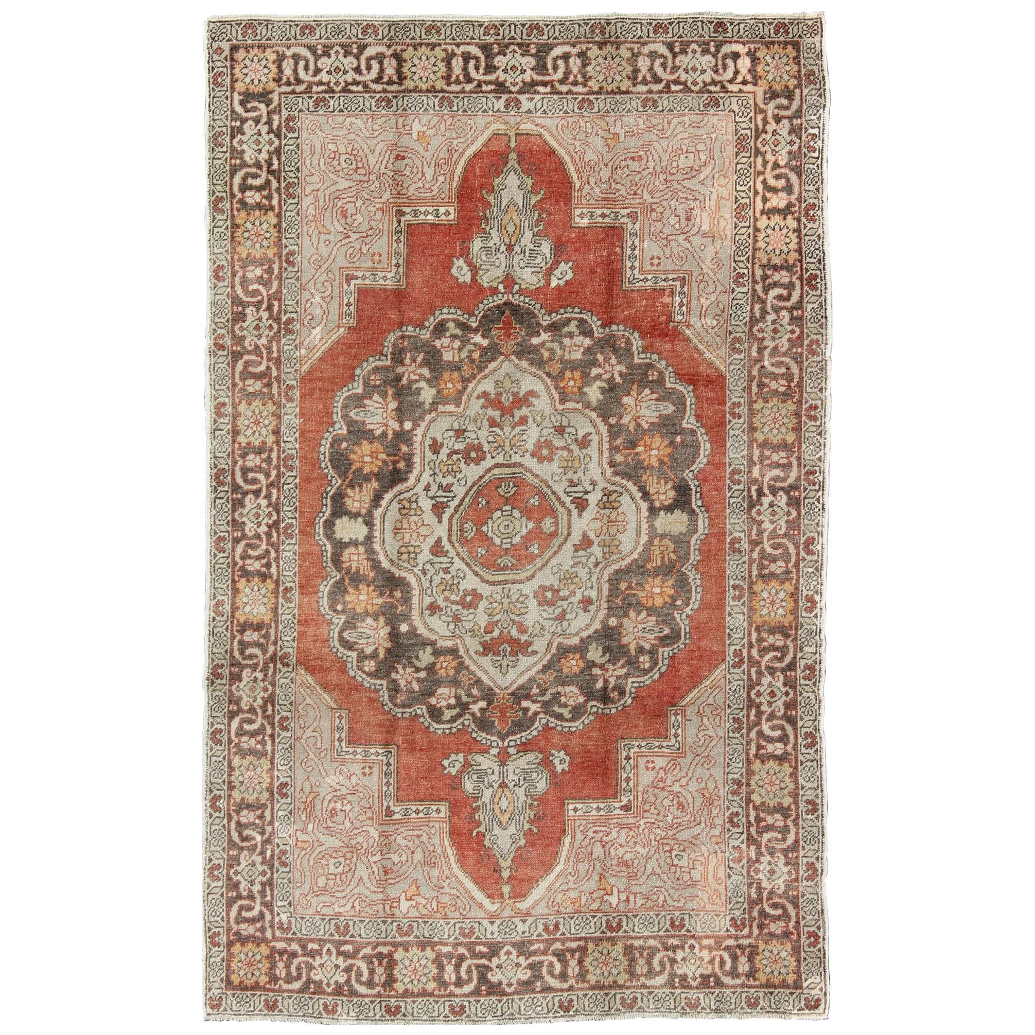 Antique Turkish Oushak Rug with Floral Medallion in Red, Charcoal and Cream