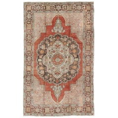 Antique Turkish Oushak Rug with Floral Medallion in Red, Charcoal and Cream