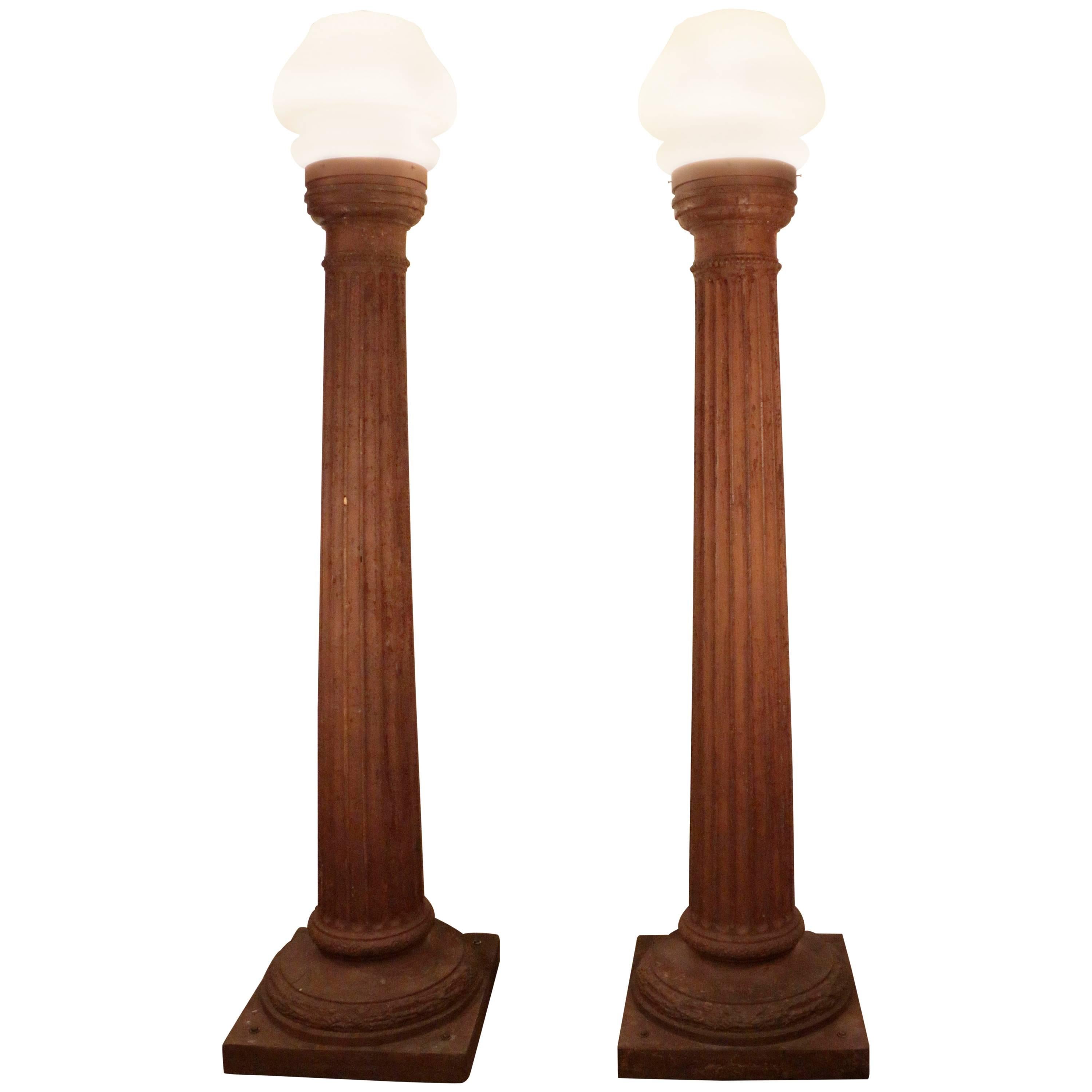 Pair of Antique Cast Iron Columns, Mounted as Exterior Street Lamps