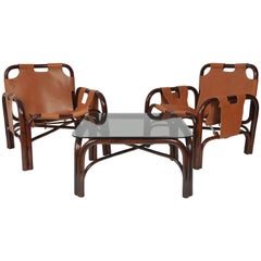 Bonacina Set of Two Italian Armchairs and Coffee Table, Bamboo and Leather 1960s