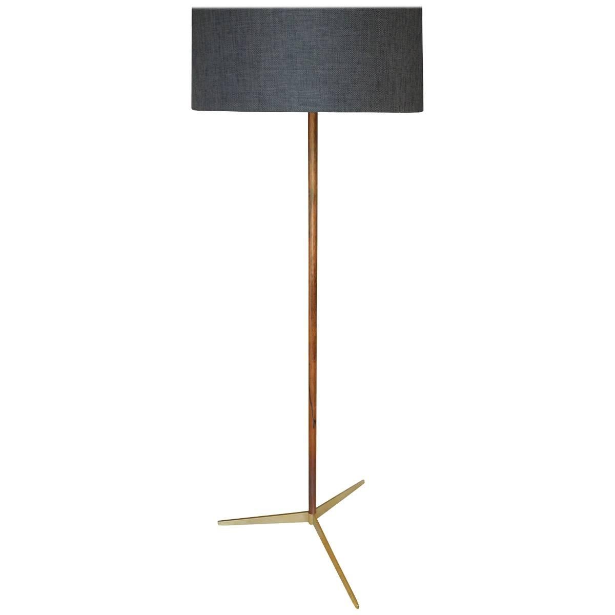 Danish Modern Rosewood and Brass Tripod Floor Lamp with Charcoal Burlap Shade For Sale