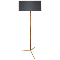 Vintage Danish Modern Rosewood and Brass Tripod Floor Lamp with Charcoal Burlap Shade