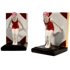 Vintage Italian 1930 Art Deco Ceramic Female Diving Figure in Red Bathing Suit Bookends