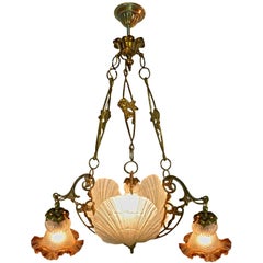 French Art Nouveau/Art Deco Chandelier in Bronze and Frosted Glass Shades