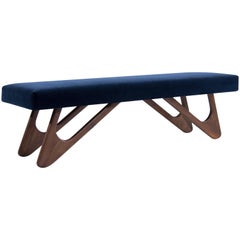 Walnut Boomerang Bench in Navy Velvet