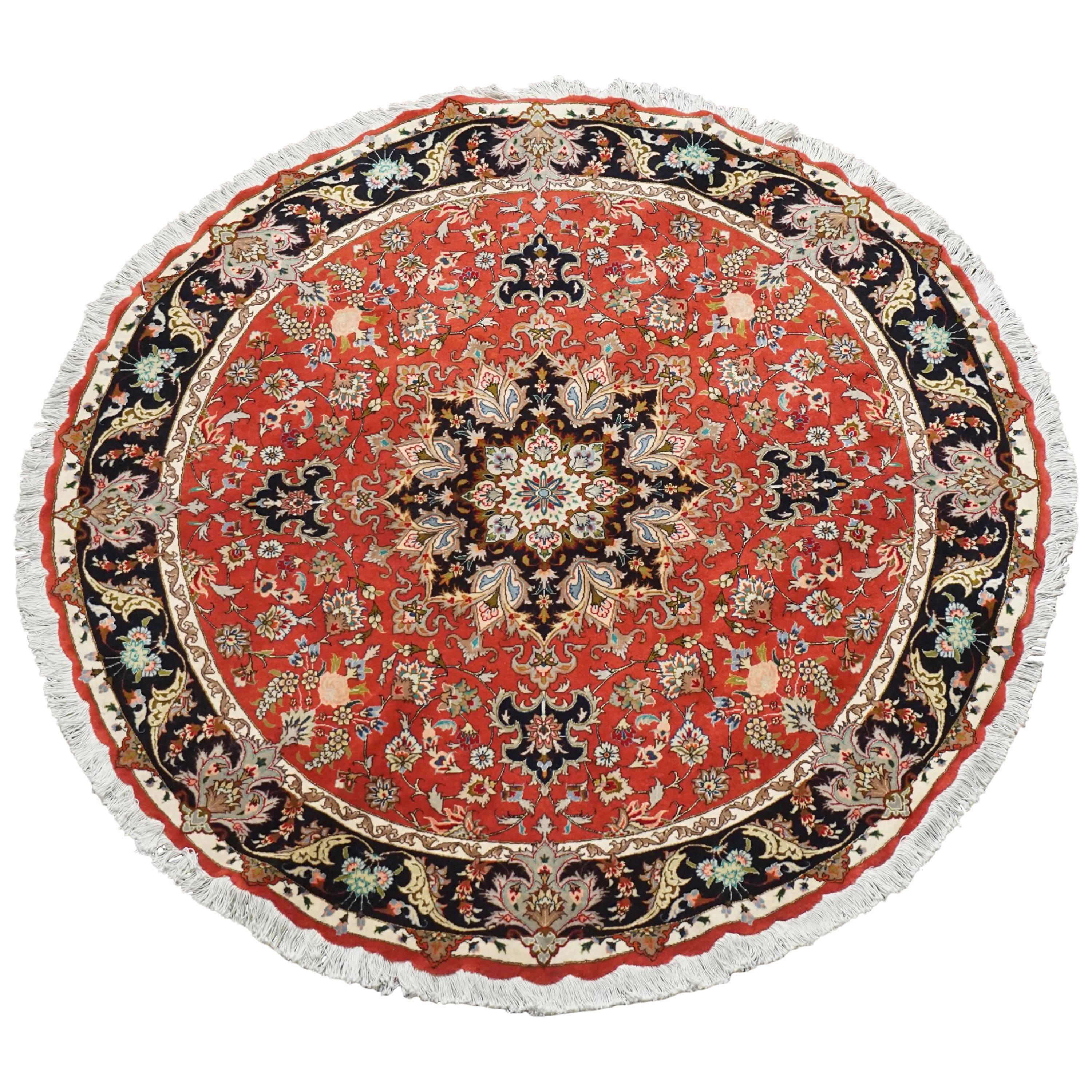 Round Wool and Silk Persian Tabriz Area Rug For Sale