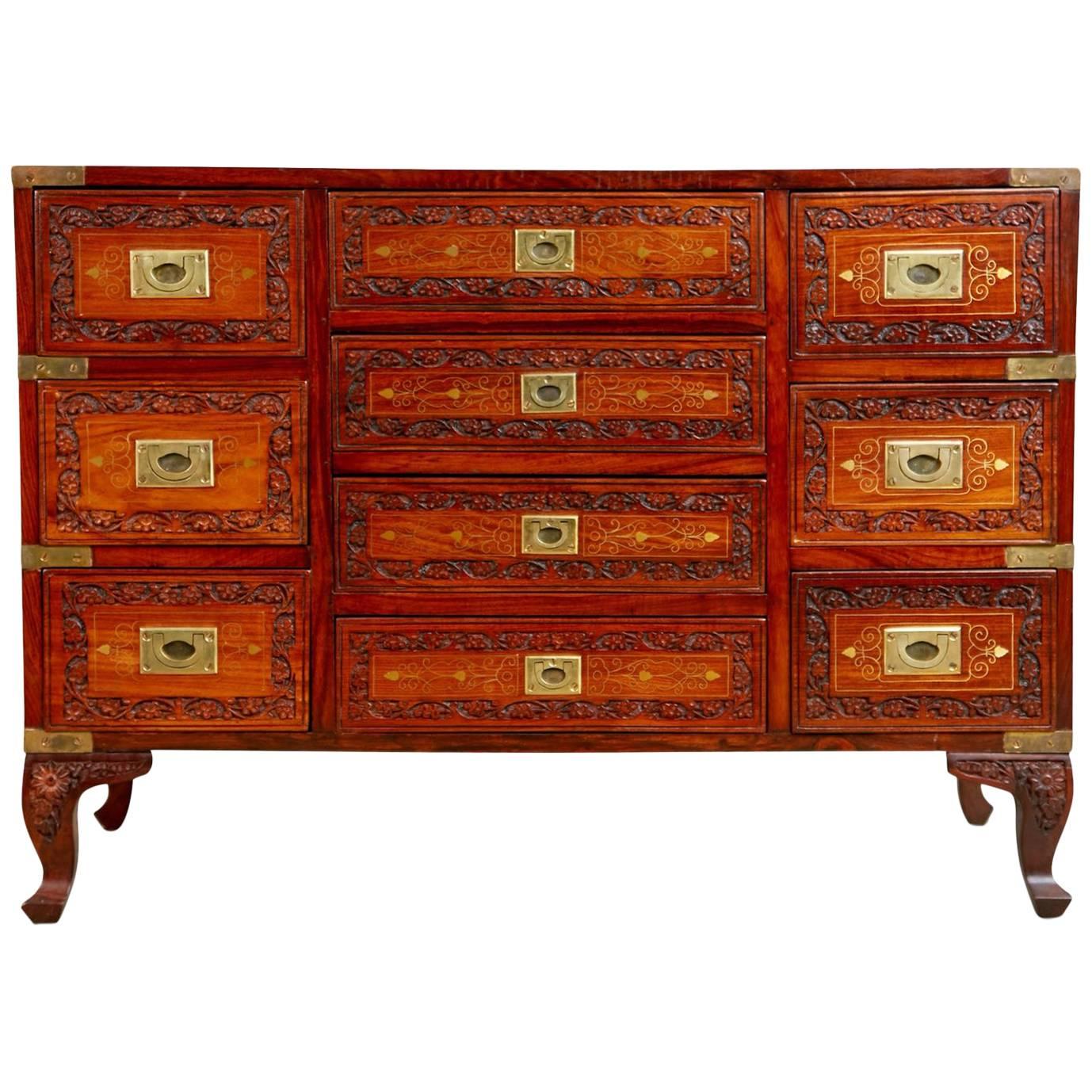 Carved Walnut and Brass Inlay Campaign Chest Dresser
