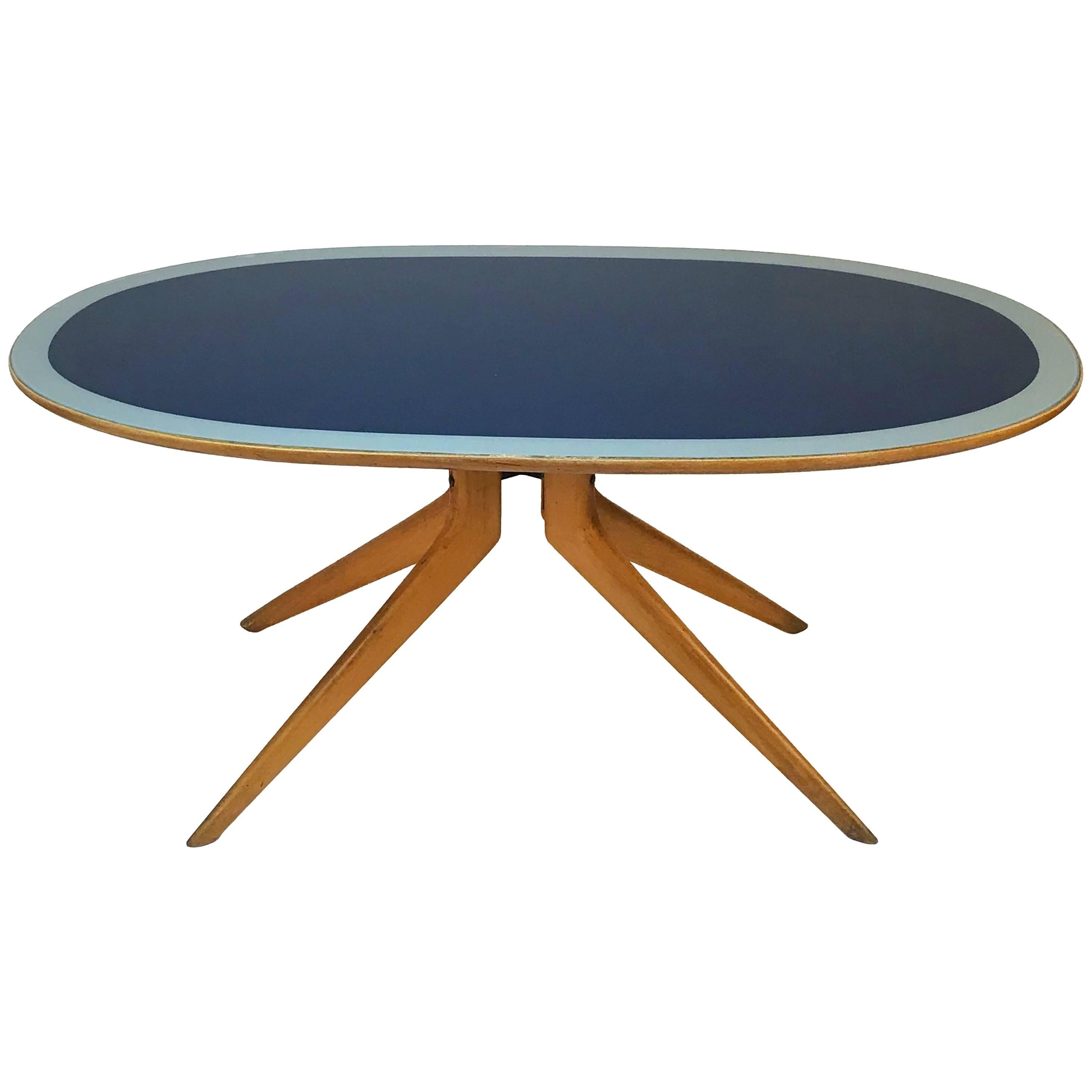 Ico Parisi, Italian Table Oval Wood, Printed Glass Top Blue and Grey, Italy 1953