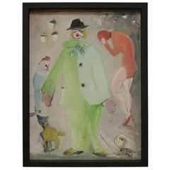 Vintage Small Painting of Clown and Circus Scene