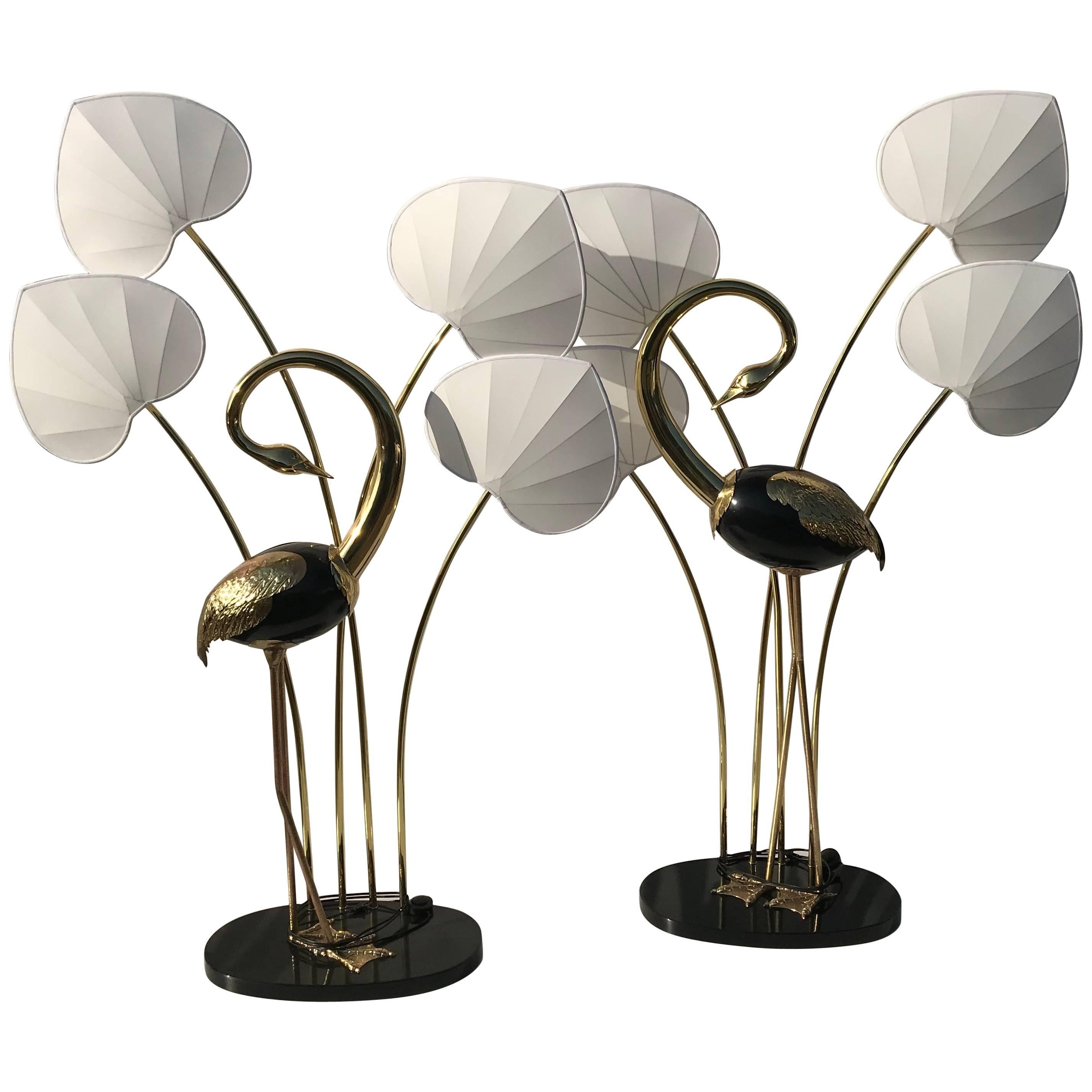 Monumental Pair of Brass Standing Egret Floor Lamps by Antonio Pavia For Sale