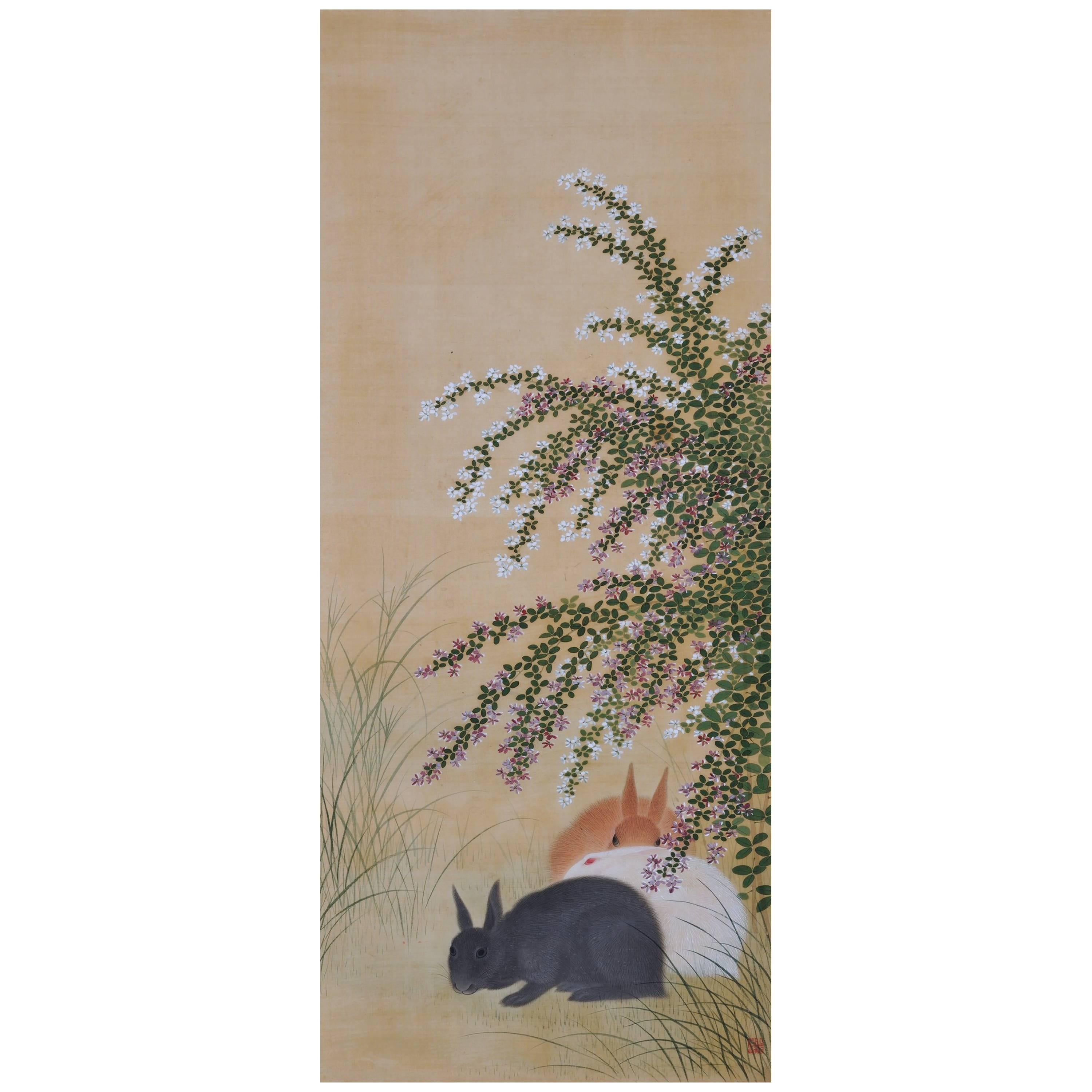 19th Century Japanese Bird and Flower Painting, Rabbits & Bush Clover