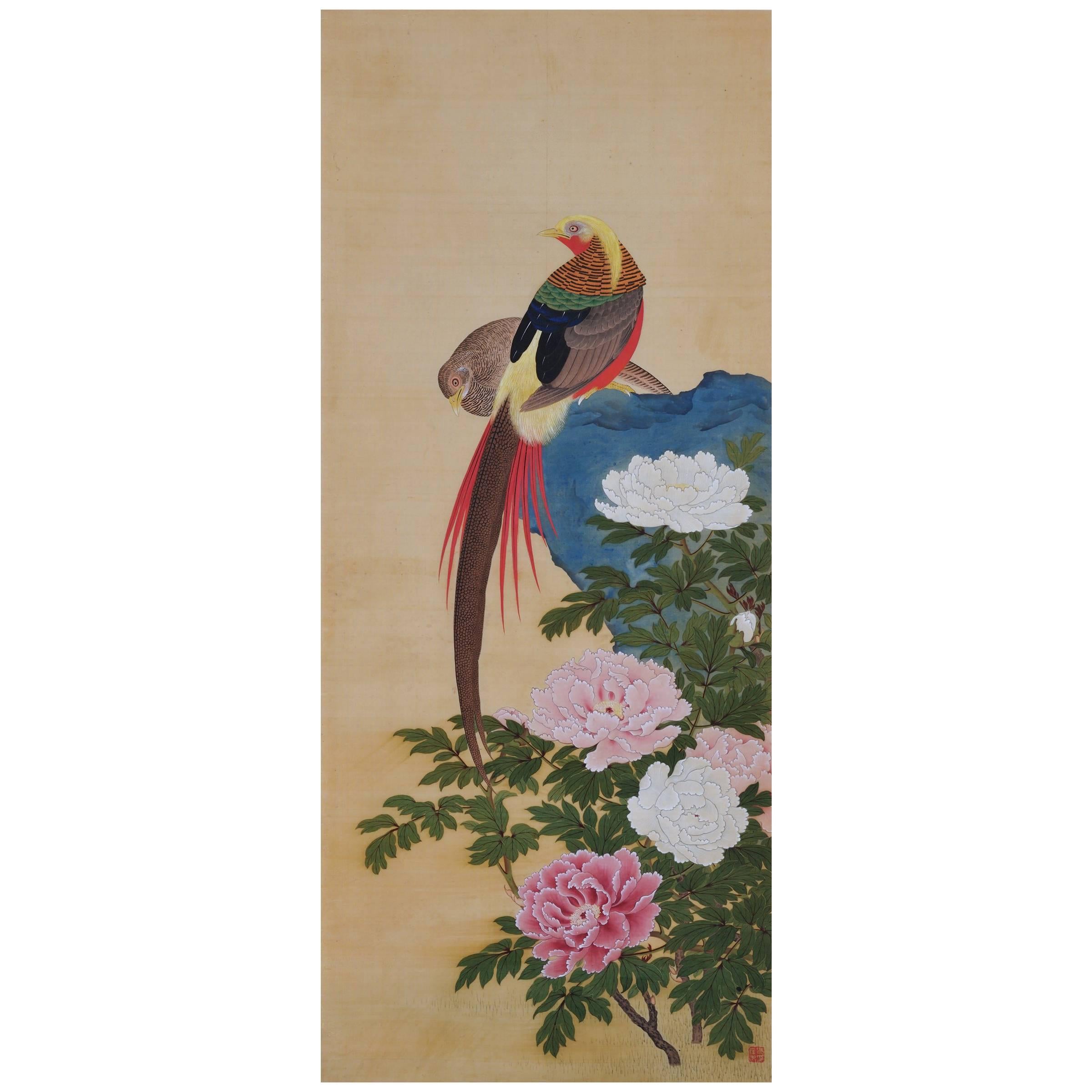 19th Century Japanese Bird and Flower Painting, Pheasants and Peonies