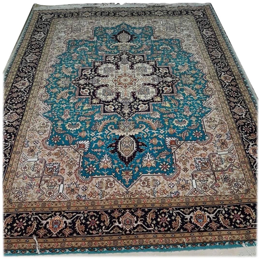 Herris Turquoise, Cotton and Silk Hand-Knotted Persian Harris Rug For Sale