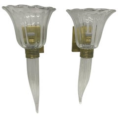 Set of Two Murano Glass and Brass Wall Sconces, circa 1970