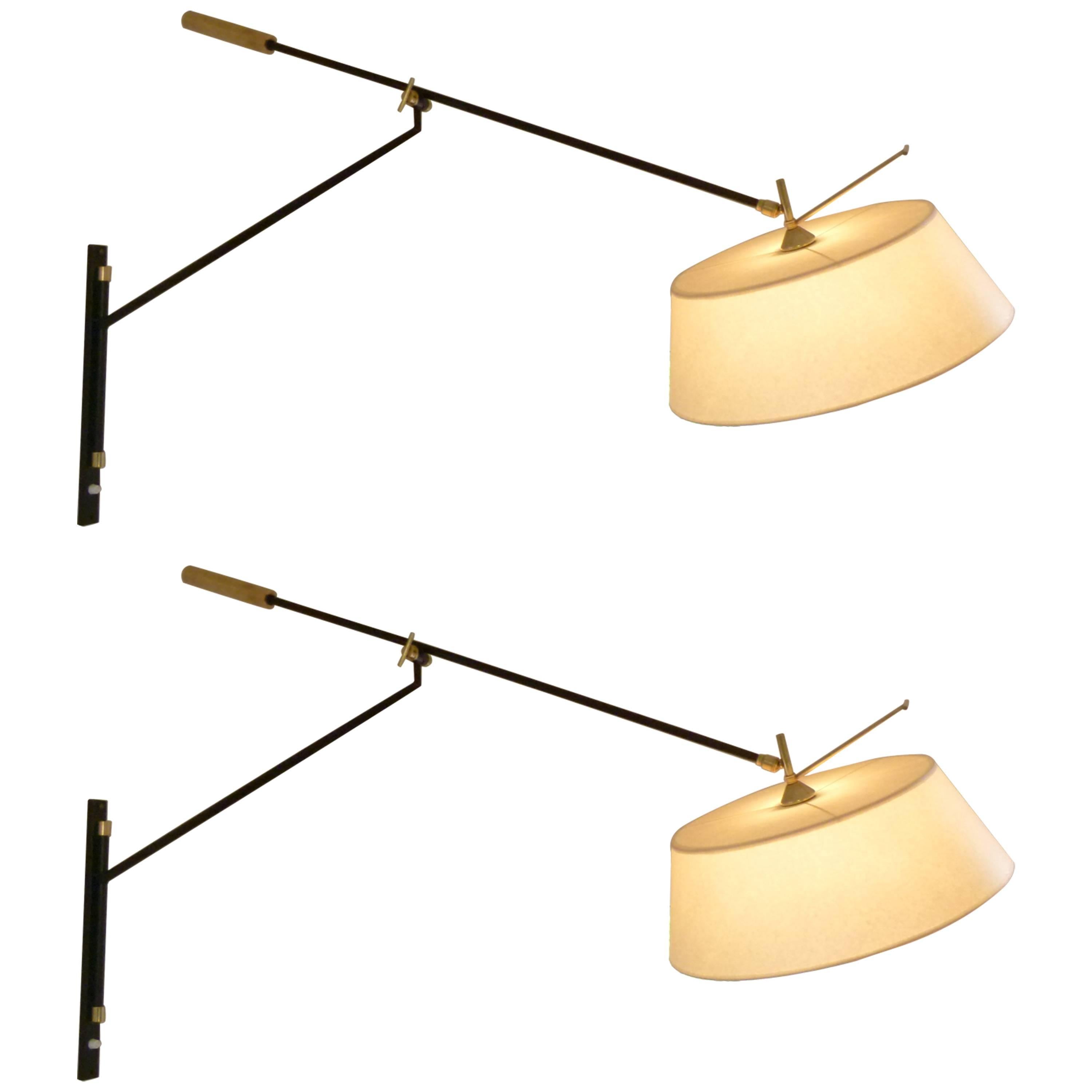 Pair of 1950s Large Suspended Sconces Mounted on Patella by Maison Lunel