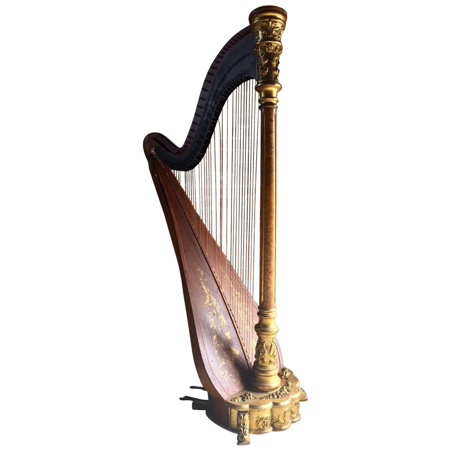 Antique American Gilt and Satinwood Musical Harp New Metropolitan USA circa 1895