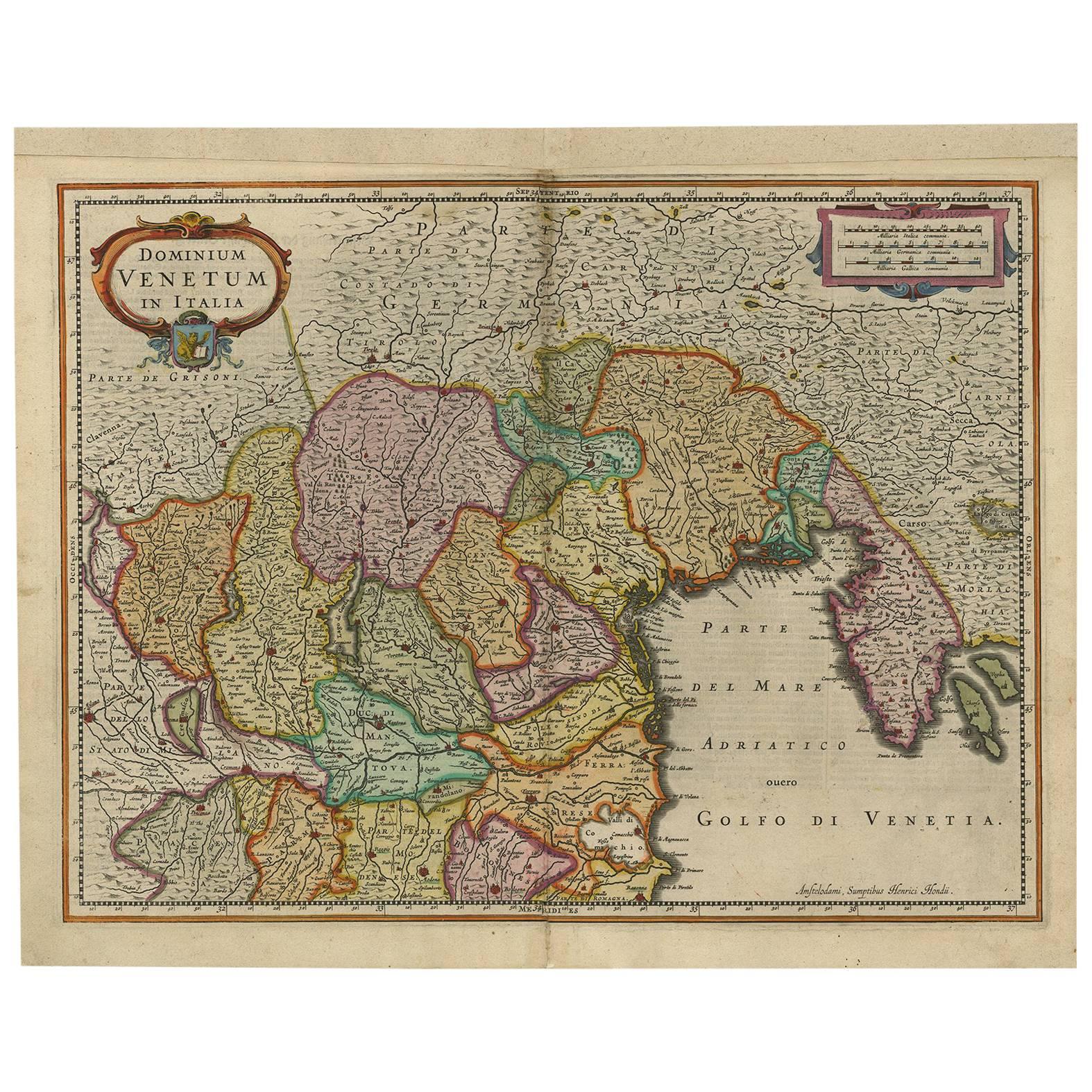 Antique Map of the Area Around Venice in Italy by H. Hondius, circa 1606 For Sale