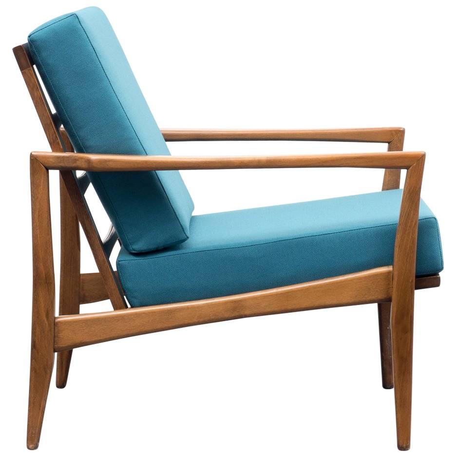 1960s Armchair, Solid Beech, Reupholstered, Petrol Blue For Sale