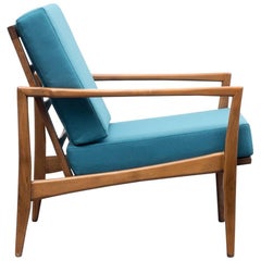 1960s Armchair, Solid Beech, Reupholstered, Petrol Blue