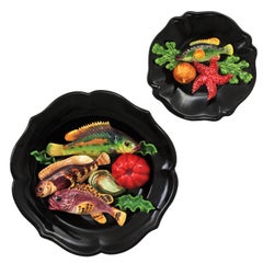 Set of Vallauris Majolica Ceramic Trompe L'oeil Seafood & Vegetables Wall Plates