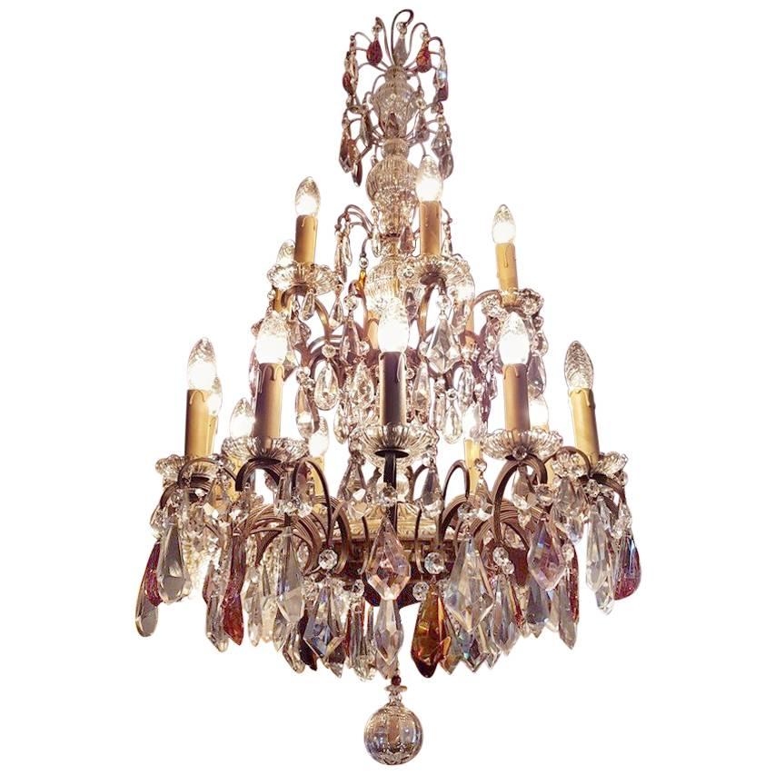 French Bronze Chandelier with Colored Crystals 15-Light For Sale