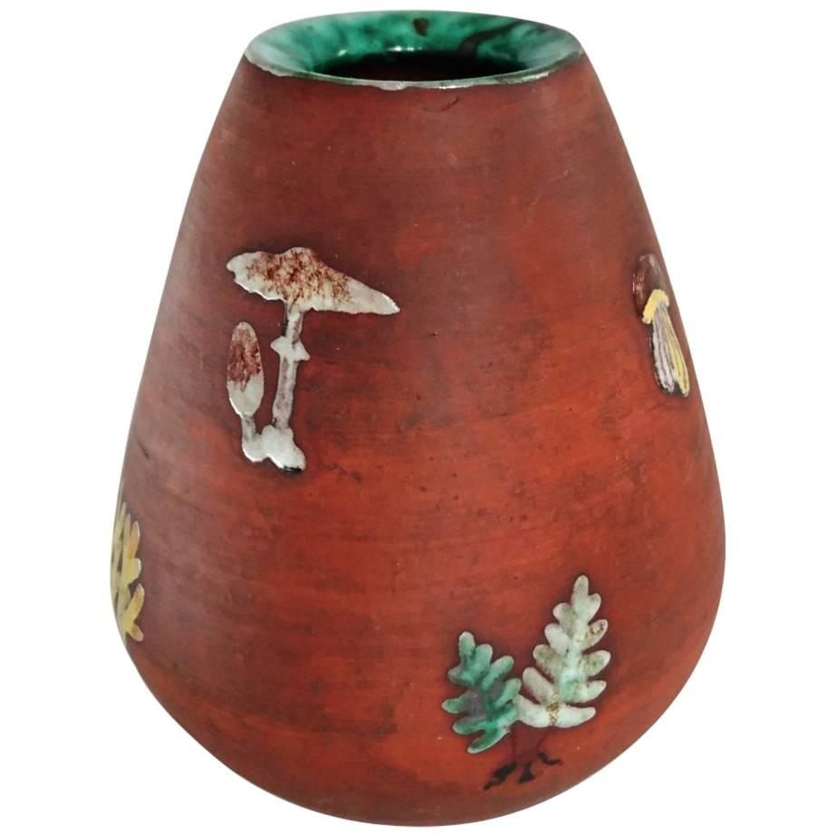 Mid-Century Ceramic Vase with Mushrooms and Ferns, Sweden