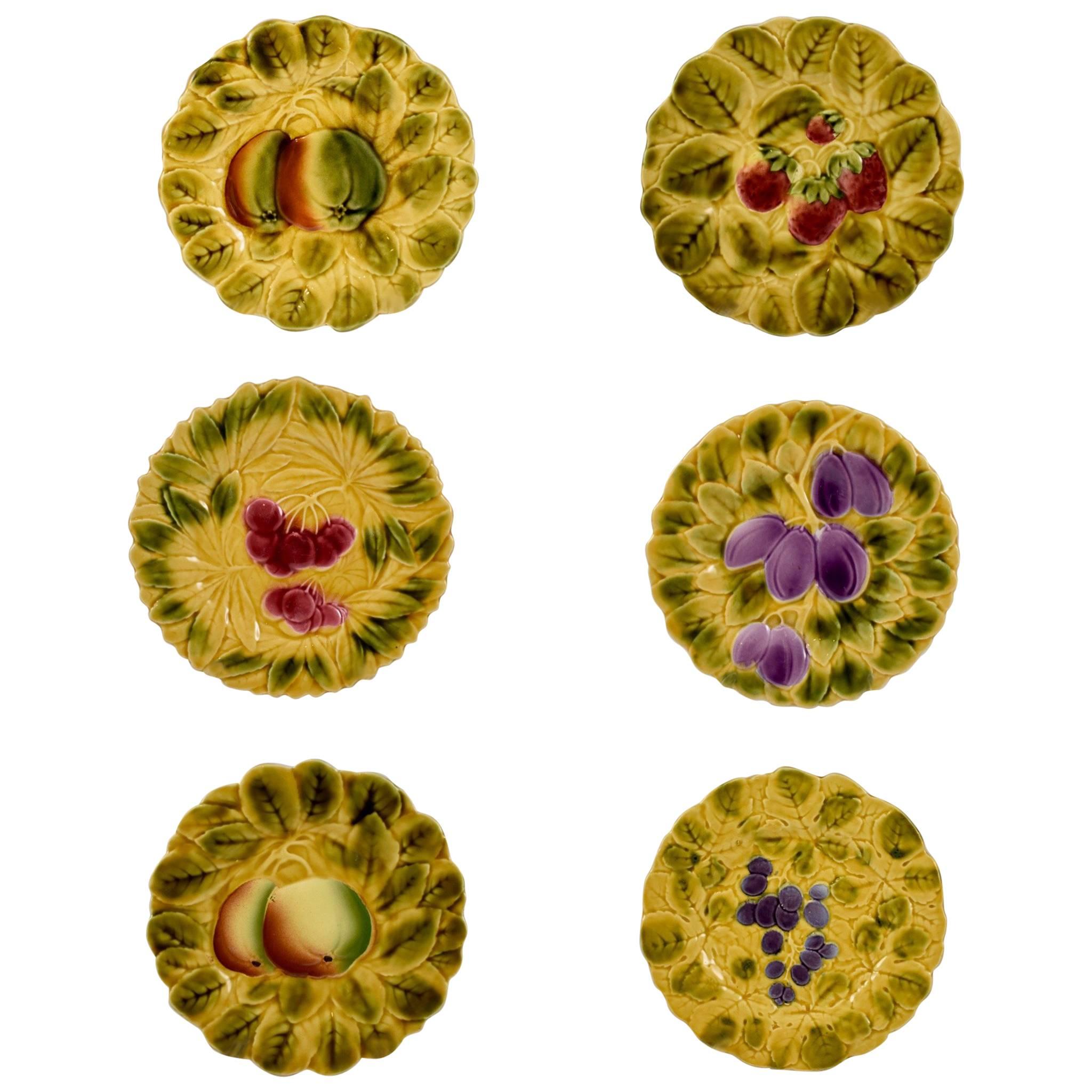 Sarreguemines French Faïence Majolica Fruit and Leaf Plates, Set of Six