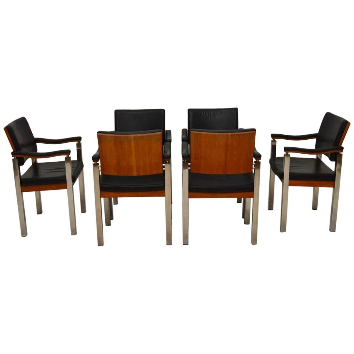 Set of Six Vintage Dining Chairs in Teak, Leather and Chrome