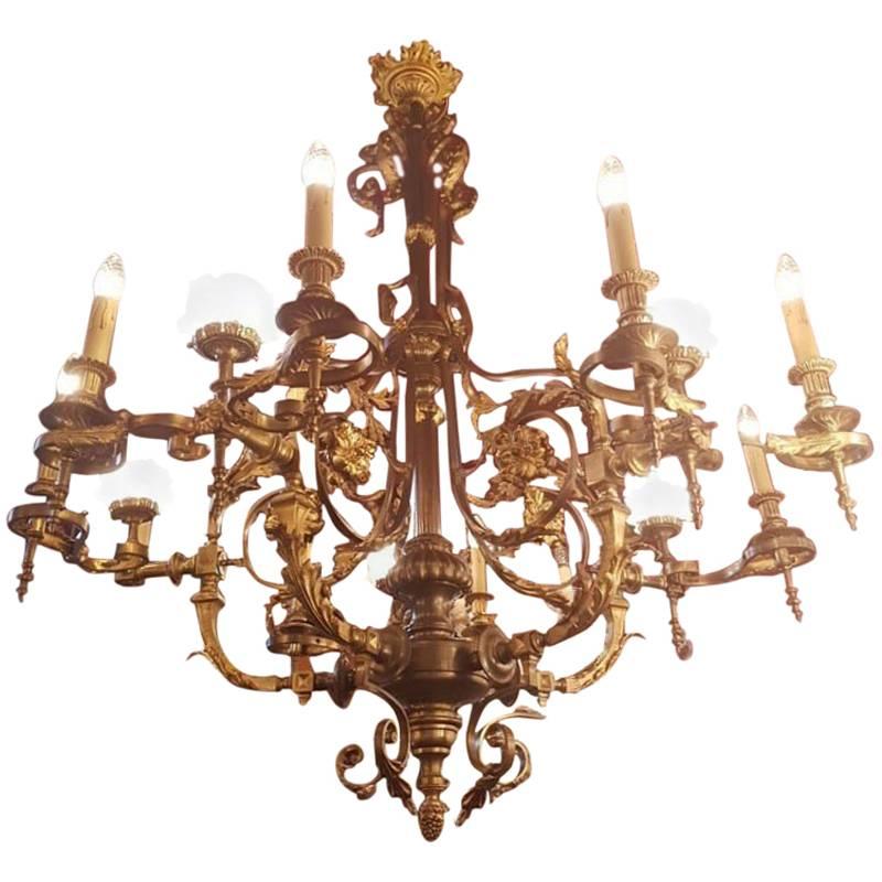 Large French Bronze and Brass Chandelier, 15 Lights, Early 1900 For Sale