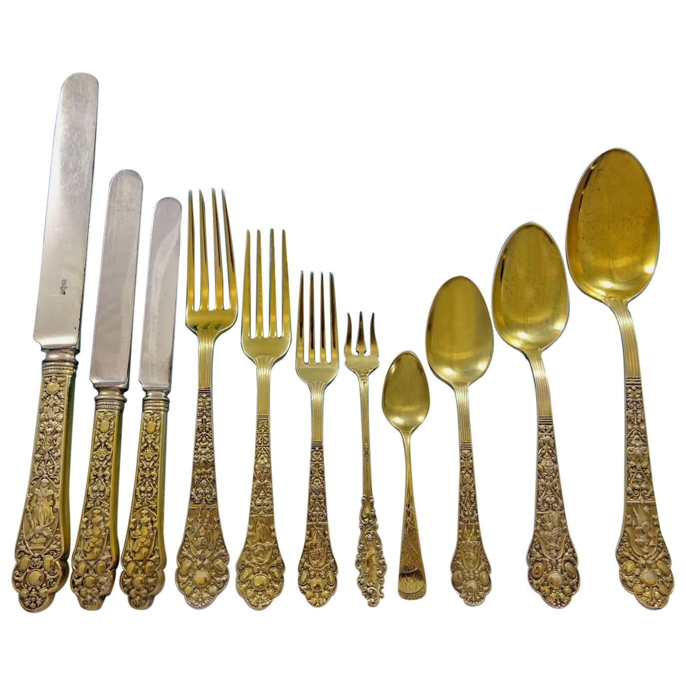 Medici Old by Gorham Sterling Silver Flatware Set Service Vermeil 159 Pcs