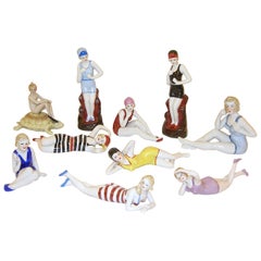 Italian 1930 Art Deco Ceramic Female Figurines in Colored Stripes Bathing Suit