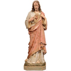 Antique 19th Century French Painted and Gilt Terracotta Life-Size Jesus Christ Statue