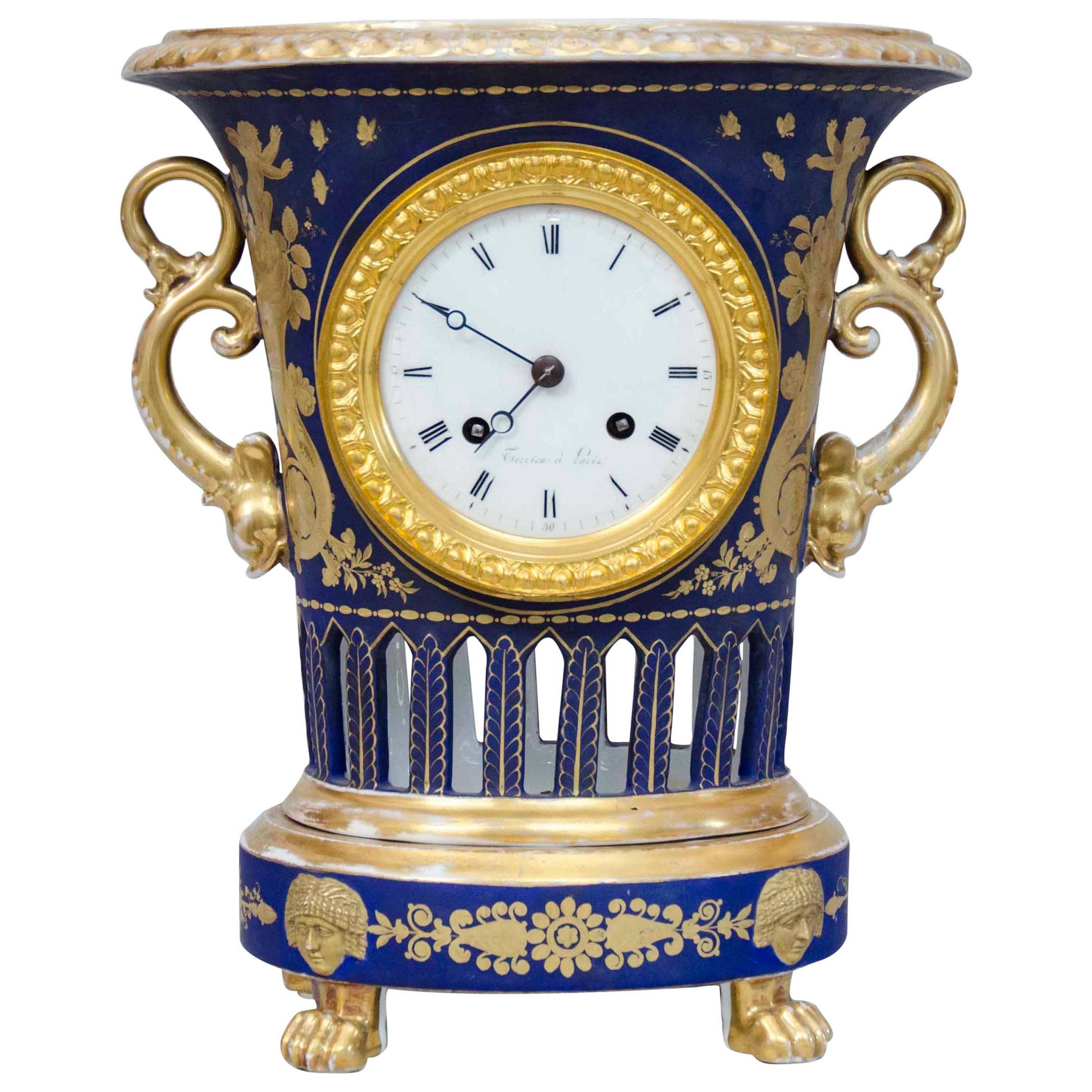 Empire Darte Porcelain Vase Clock with Lapis Bleu Ground and Gild Decorations For Sale