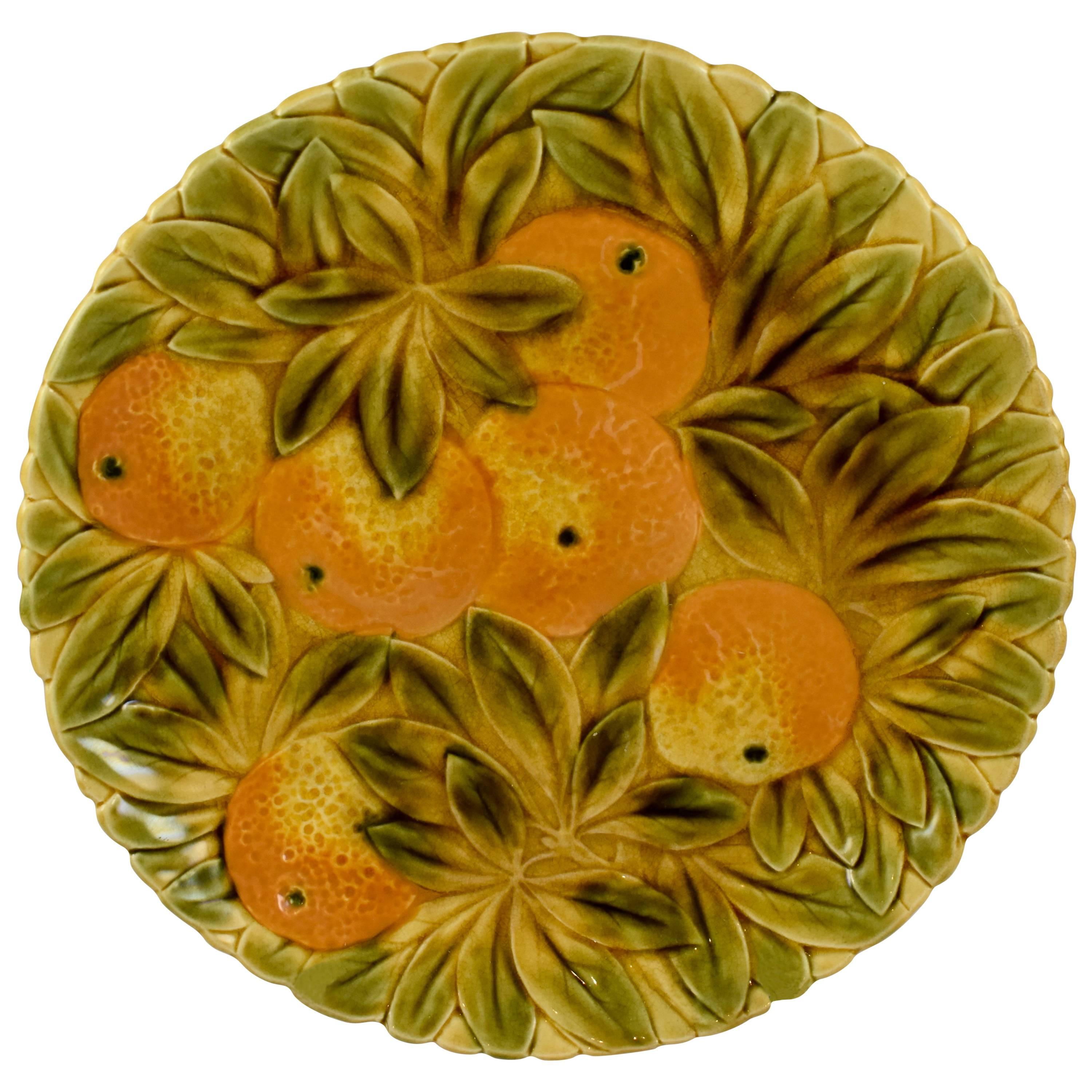 Sarreguemines French Faïence Majolica Oranges and Leaf Round Serving Platter