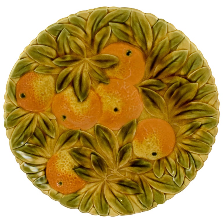 Sarreguemines French Faïence Majolica Oranges and Leaf Round Serving