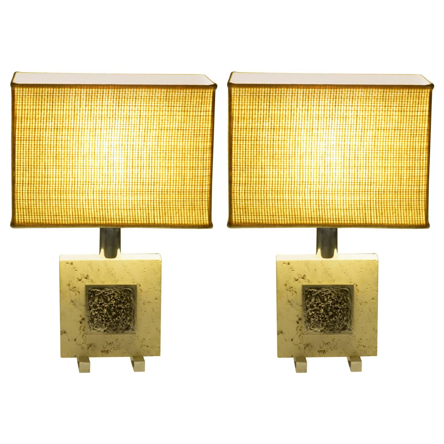 Pair of Midcentury Italian Travertine and Chrome Table Lamps