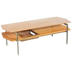 Vintage Italian Midcentury Double Shelf Coffee Table with Rattan Magazine Rack