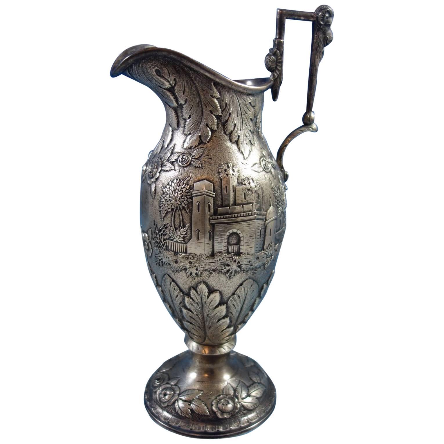 Repousse by AG Schultz Sterling Silver Milk Pitcher Architectural Castle, Leaves