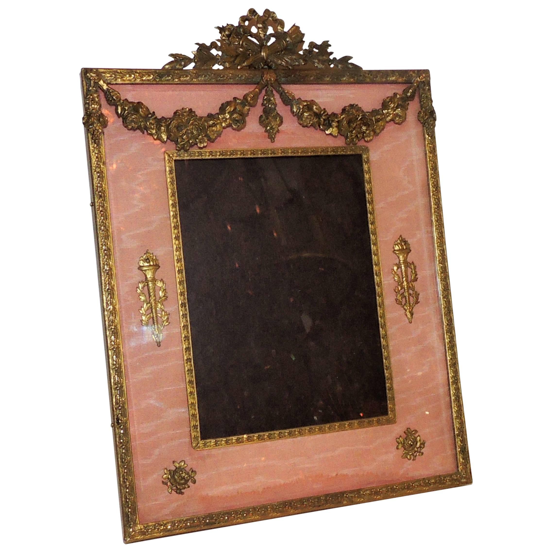 Wonderful French Empire Neoclassical Doré Bronze Ormolu Rose Silk Picture Frame