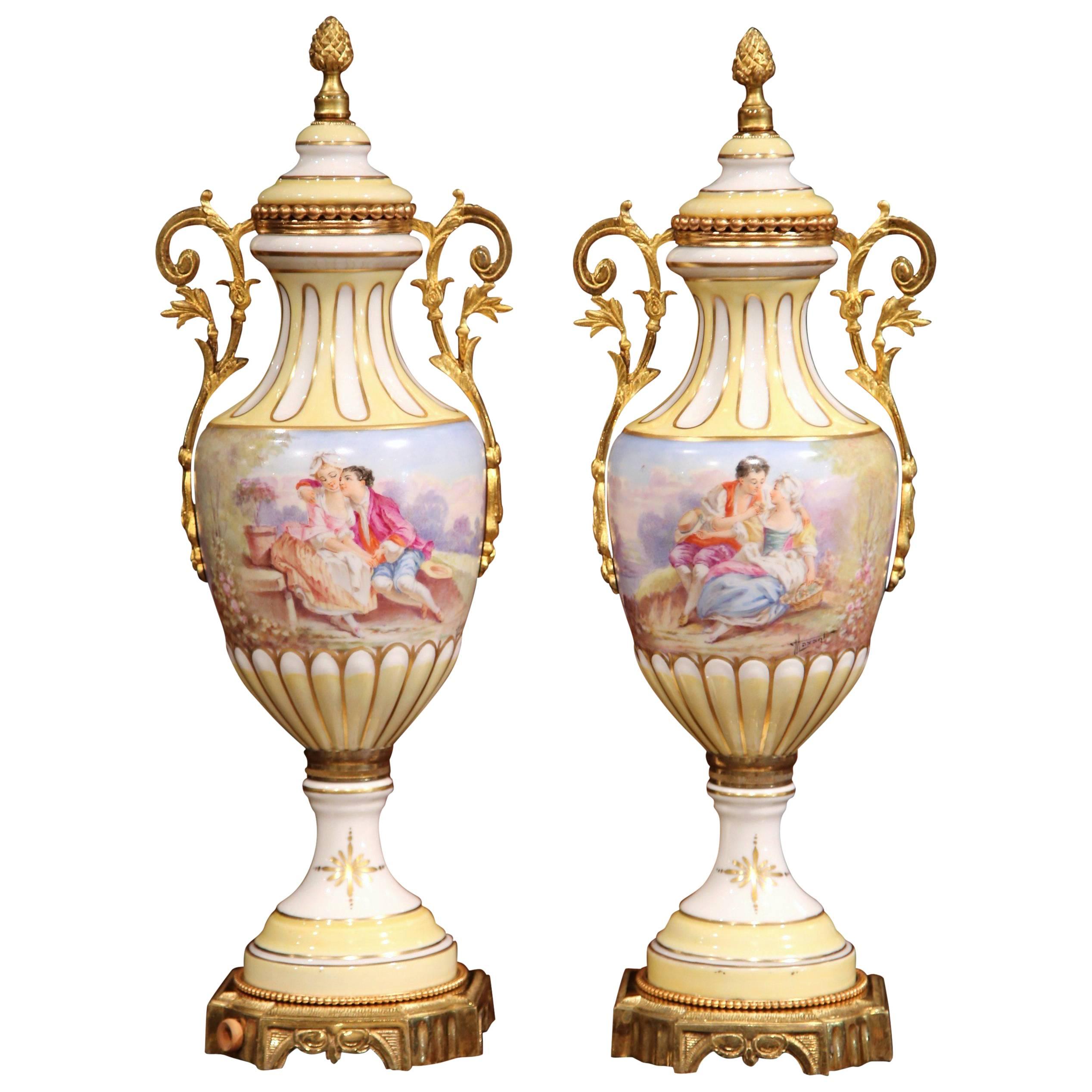 Pair of 19th Century French Painted Porcelain and Bronze Vases Signed Maxant