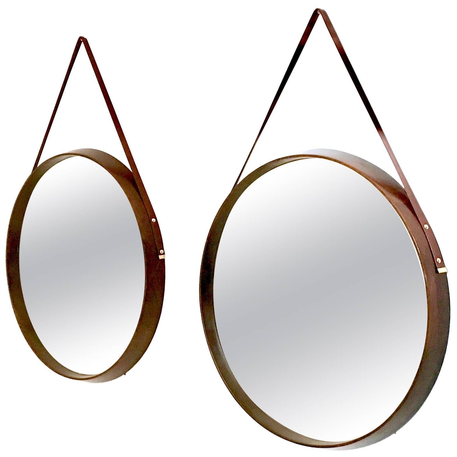 Pair of Round Mahogany and Leather Wall Mirrors, Italy, 1950s