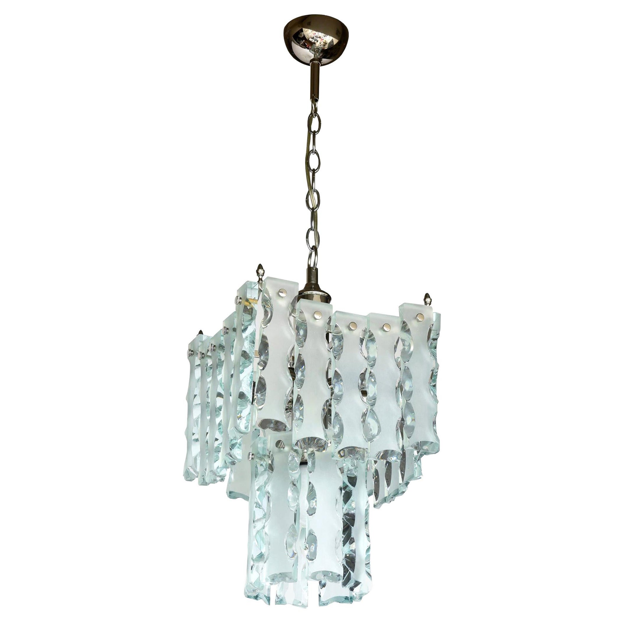  Murano Fontana Arte Attributed to Etched Glass Pendant Chandelier Vintage For Sale