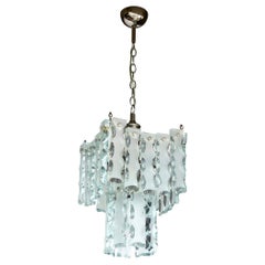 Vintage Murano Fontana Arte Attributed Etched Glass, Nickel Pendant Chandelier