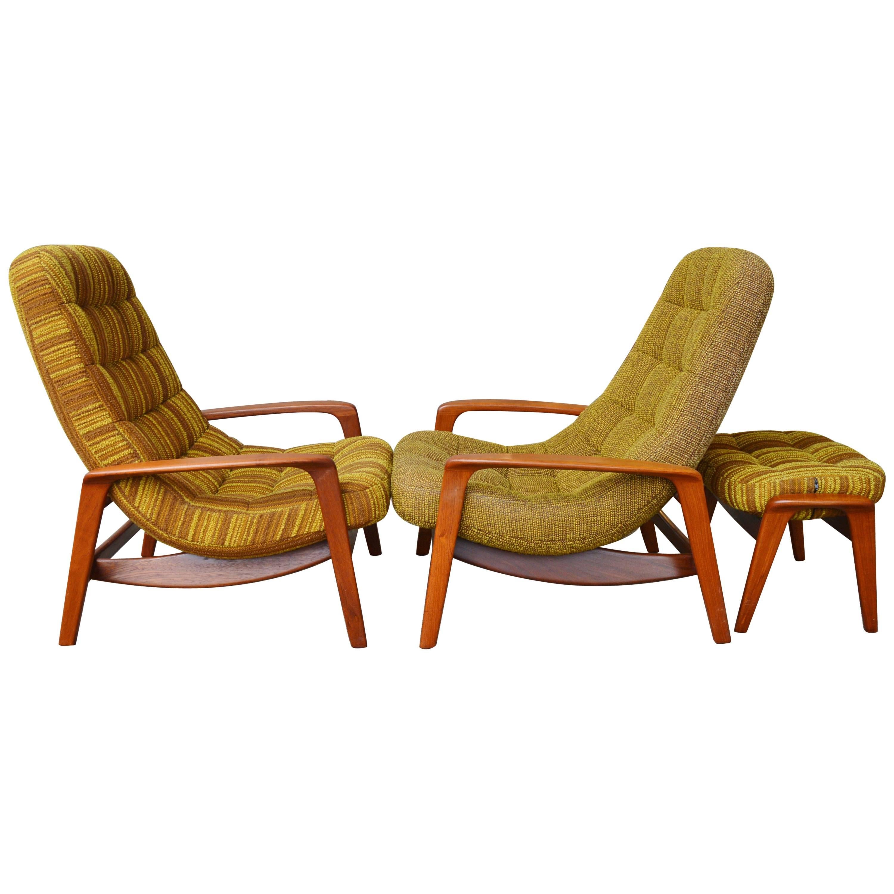 Two Teak Frame Button-Tufted "Palm" Lounge Chairs by R. Huber & Co. & Ottoman