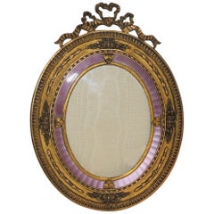 Fine Vintage French Bow Doré Bronze Oval Lavender Enamel Picture Frame